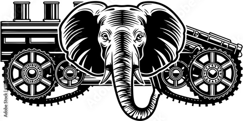 A close-up of an elephant's head with steampunk elements, rendered in 3D. The elephant's head is a metallic grey color, with orange rust spots. The background is a complex machine with a lot of.