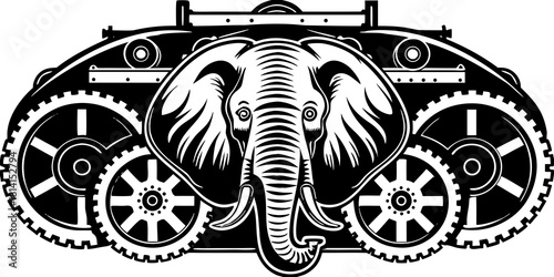 A close-up of an elephant's head with steampunk elements, rendered in 3D. The elephant's head is a metallic grey color, with orange rust spots. The background is a complex machine with a lot of.