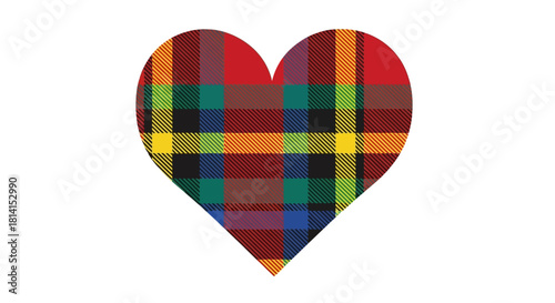 A heart shape filled with a colorful plaid pattern of red green blue yellow and black lines