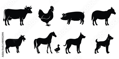 Farm Animals Silhouette Collection on White Background