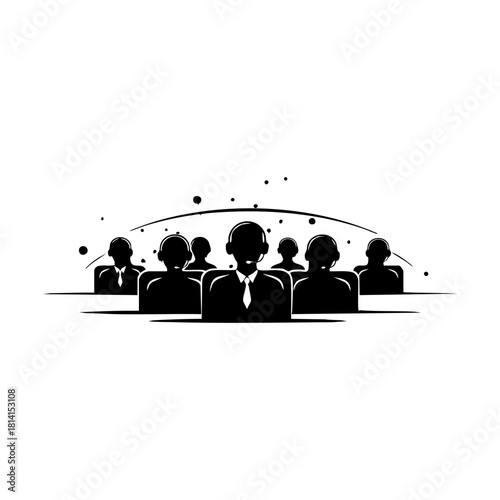 Call center and support team silhouettes. Customer service agent with headset on laptop, Customer support, Communication and feedback symbols