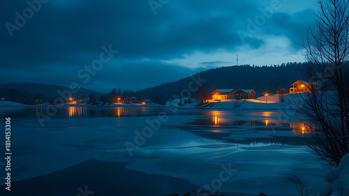 Winter landscape with frozen lake and distant lights at blue hour