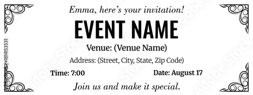 Black and White Minimalist Event Ticket Template. Editable Monochrome Vector for Concert, Show, Festival, or VIP Invitation