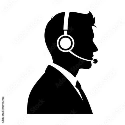 Call center and support team silhouettes. Customer service agent with headset on laptop, Customer support, Communication and feedback symbols