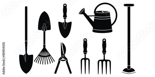 Black Silhouette Garden Tools and Tools on White Background