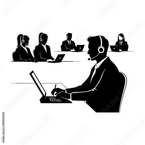 Call center and support team silhouettes. Customer service agent with headset on laptop, Customer support, Communication and feedback symbols