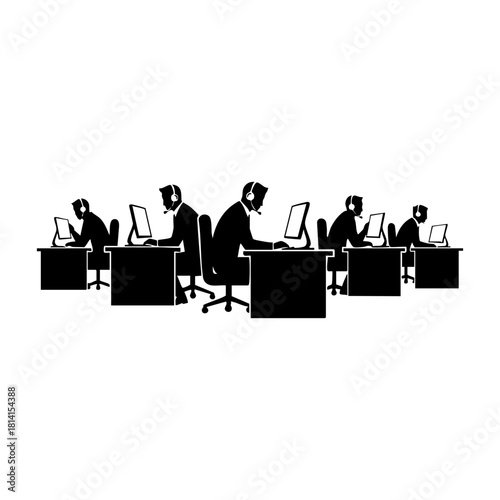 Call center and support team silhouettes. Customer service agent with headset on laptop, Customer support, Communication and feedback symbols