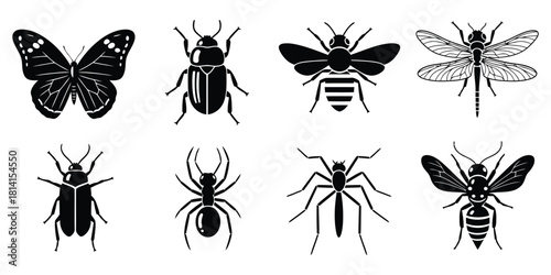 Black Silhouette Insects Collection on White Background