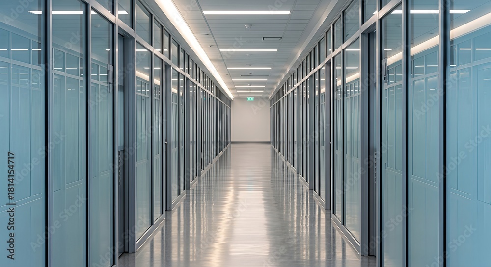 Obraz premium Architectural perspective of a modern office hallway with transparent glass panels