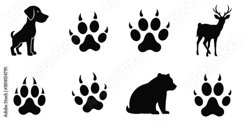 Black Silhouettes of Animals and Paw Prints on White Background