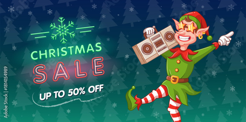 Christmas sale banner with dancing Christmas elf and boombox. Cartoon illustration. Green background with neon sign sand snowflakes.