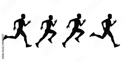 Black Silhouettes of Male Runners in Motion on White Background