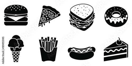 Black Silhouettes of Popular Fast Food and Dessert Items