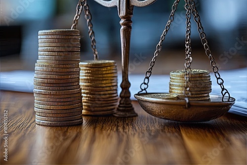 Achieve Financial Balance: Golden Coins on Antique Scales Symbolizing Investment, Wealth Management, and Judicious Spending for Long-Term Growth