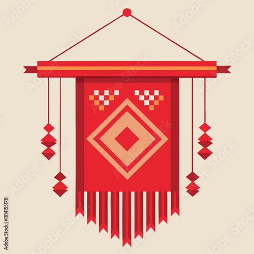 Ornate red fabric banner with diamond pattern and fringe hanging, decorative traditional textile art, cultural motif isolated on white background, Vector, illustration