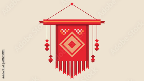 Traditional red textile banner with geometric patterns and hanging ornaments, cultural decoration, vector illustration isolated on white background, Vector, illustration