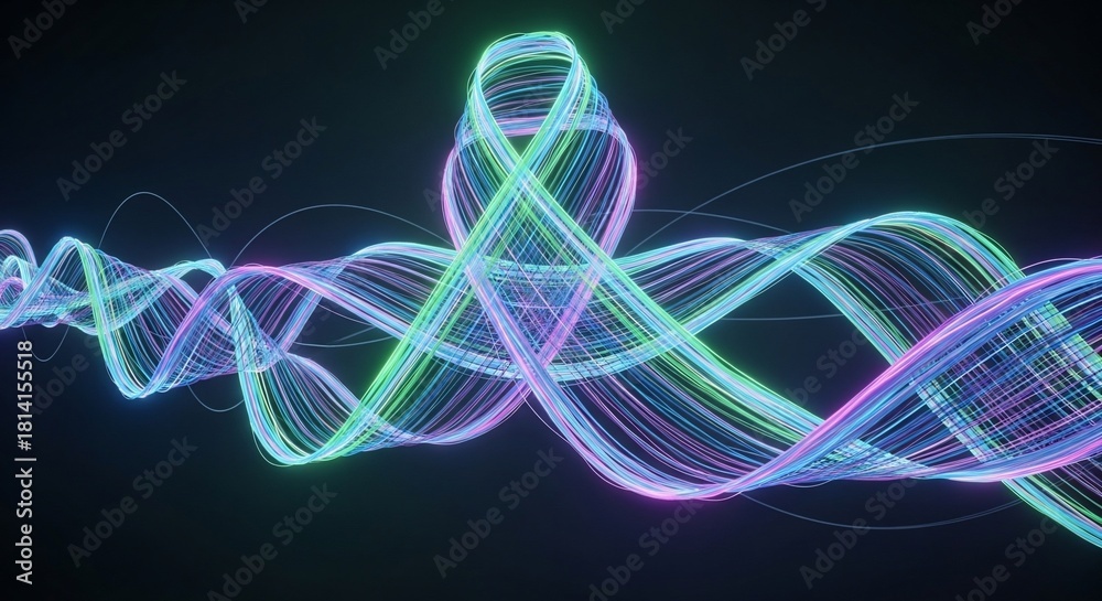 Fototapeta premium Abstract glowing wave pattern of intertwined colorful lines representing data flow or energy.