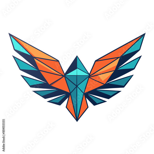 Geometric phoenix bird logo with spread wings, abstract polygon design, teal, orange and navy blue colors isolated on white background, Vector, illustration