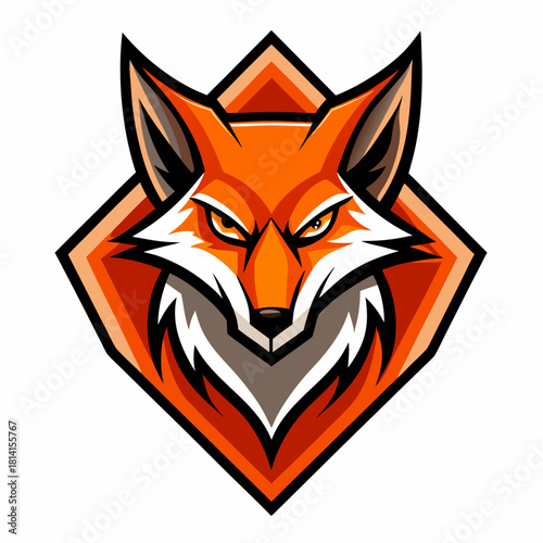 Aggressive orange fox mascot head logo design, fierce animal emblem on a diamond shape, sharp eyes, alert ears isolated on white background, Vector, illustration
