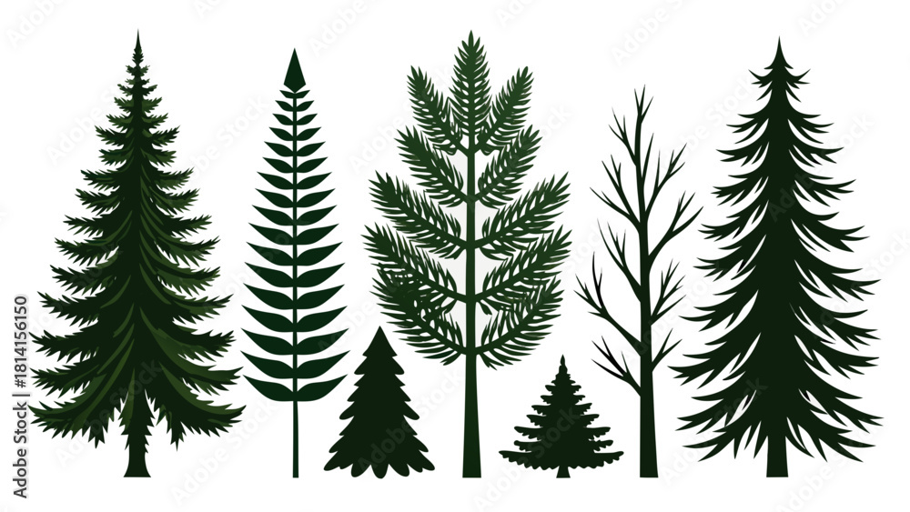 Fototapeta premium Collection of stylized evergreen trees and bare branches in dark green silhouette