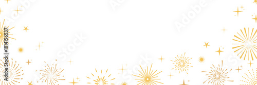 Golden festive fireworks border with decorative starbursts and sparkles on white background. Bright fireworks vector pattern perfect for holiday cards, invitations and celebration designs.
