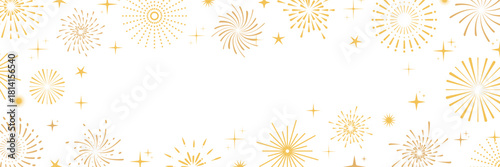 Golden fireworks and sparkling stars forming an elegant festive frame on a white background. Perfect vector design for New Year, celebration posters, greeting cards, and holiday banners.