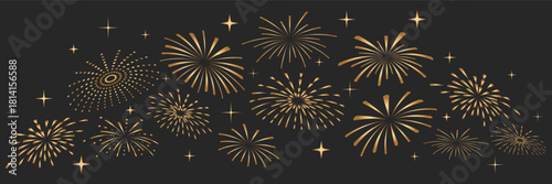 Golden fireworks and sparkling stars scattered across a clean white background. A festive vector pattern ideal for celebration designs, New Year themes, party graphics, and holiday layouts.