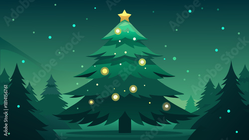 Stylized christmas tree with lights and star in a dark forest