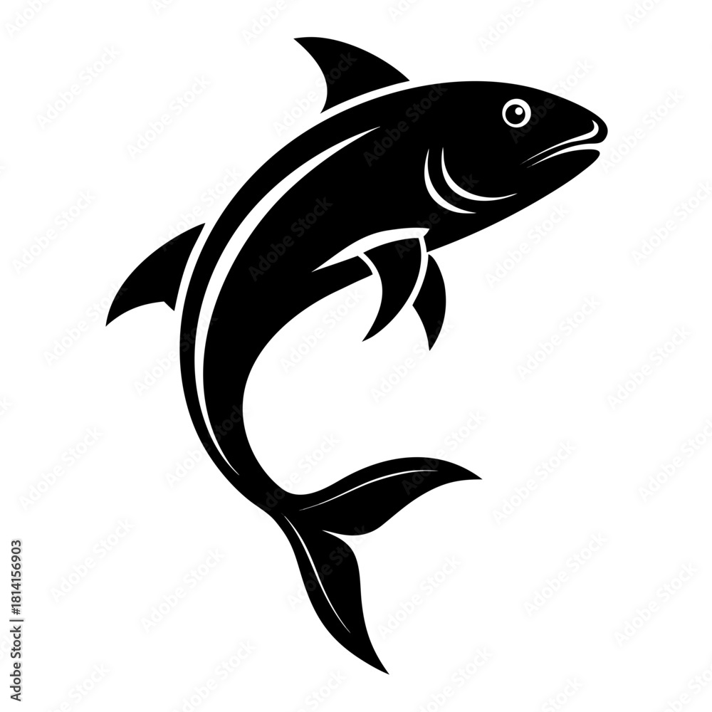 Fototapeta premium Stylized black silhouette of a leaping fish in a dynamic pose, isolated on a clean white background, evoking movement and freedom. isolated on white background, Vector, illustration