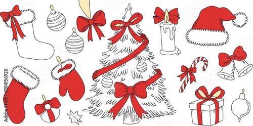 Hand drawn Christmas doodle set with red holiday elements, sketch vector illustration collection of tree stocking and santa hat isolated on white