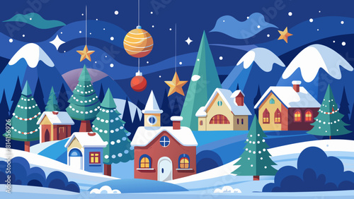 Charming winter village scene with snow covered houses and christmas trees