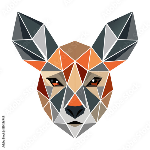 Geometric fox head illustration with triangular facets and striking orange, grey, and brown color palette isolated on white background, Vector, illustration