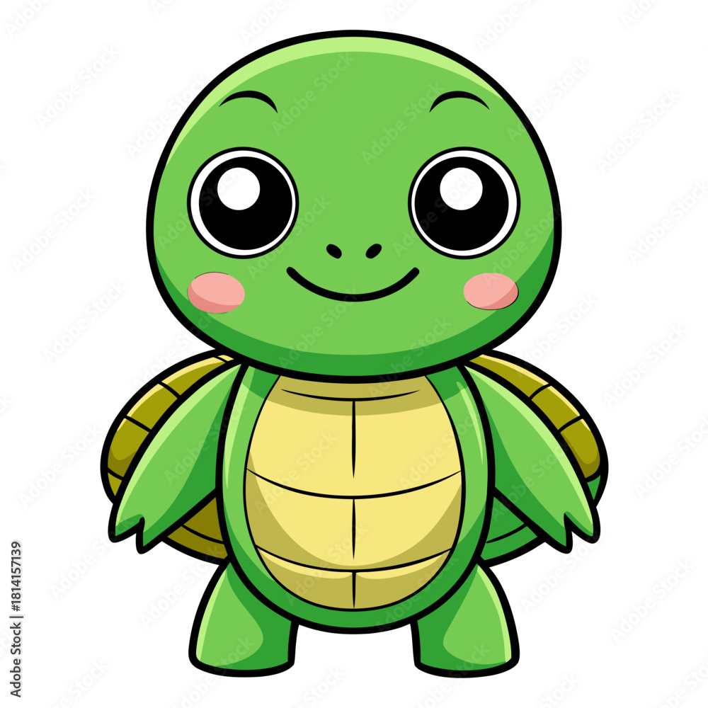 Fototapeta premium Cute cartoon baby turtle with big eyes and smiling face, isolated on white. isolated on white background, Vector, illustration