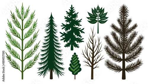 Collection of stylized evergreen and deciduous trees in various shapes and colors