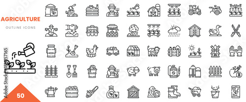 A collection of 50 outline icons representing various agriculture themes and elements.