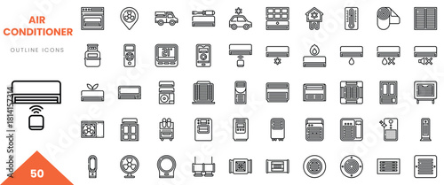 Array of air conditioning icons in a sleek outline design, showcasing various cooling appliances.