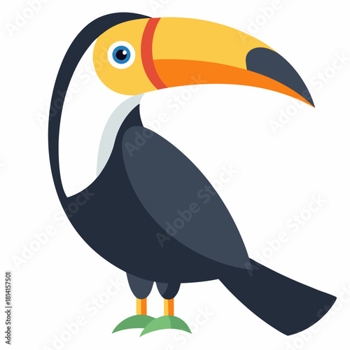 Stylized toucan bird illustration with large yellow beak isolated on a white background, vector graphic isolated on white background, Vector, illustration