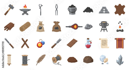 Medieval Crafting and Blacksmithing Tools and Materials Collection.