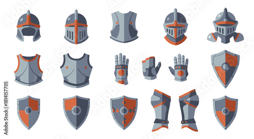 Medieval Knight Armor Set - Helmets, Breastplates, Gloves, and Shields.