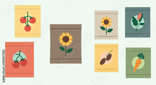 Seed packets collection showcasing various vegetables and flowers for gardening.