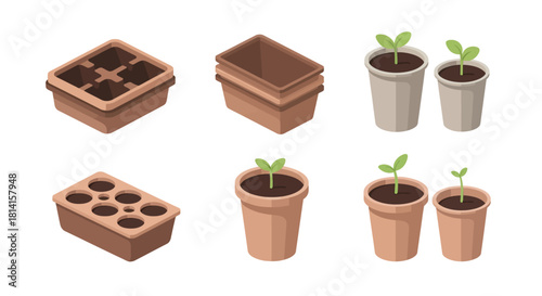 Seedling pots and trays for growing plants in a garden.