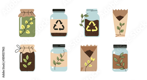 Set of eco friendly reusable jars and paper bags with plants.