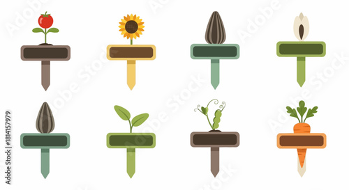 Set of eight plant markers with various plants and seeds.
