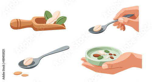 Set of illustrations with peanuts in wooden scoop and hands holding food.
