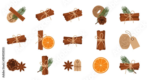 Set of natural Christmas decorations with cinnamon sticks and dried orange slices.
