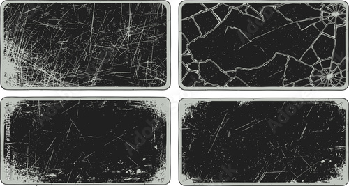 Grunge scratched texture backgrounds set, distressed vector overlays with broken glass and worn surface effects, dirty old screen design elements