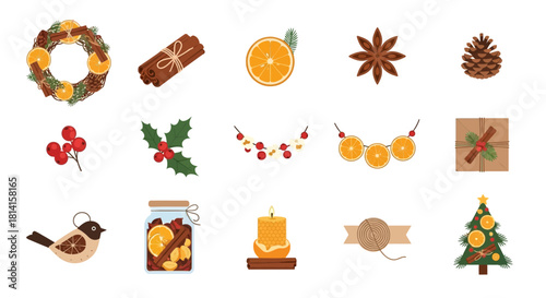 Set of Natural Christmas Decorations with Dried Oranges and Spices.
