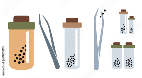 Set of various containers filled with black peppercorns and metal tweezers for spice handling.