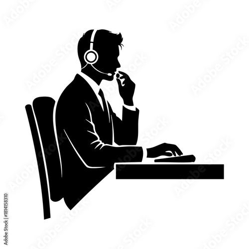 Call center and support team silhouettes. Customer service agent with headset on laptop, Customer support, Communication and feedback symbols