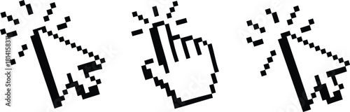 Retro pixel art mouse cursor icons with clicking effect, black arrow and hand pointer set for computer interface design vector illustration